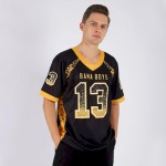 Maillot de Rugby personnalisé Noir Or-Blanc en maille, style Drift