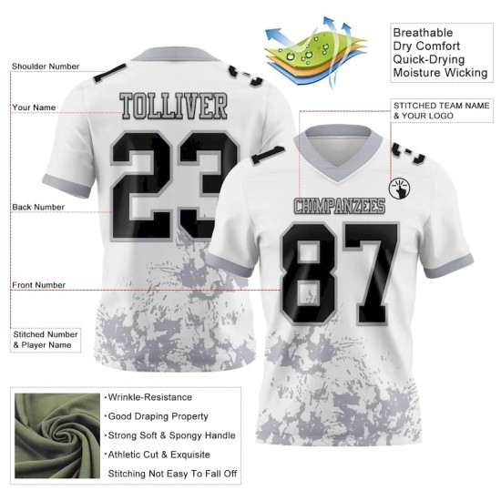 Maillot de Rugby personnalisé Blanc Noir-Gris en maille, effet Maillot de Rugby personnalisé Blanc Noir-Gris en maille, effet