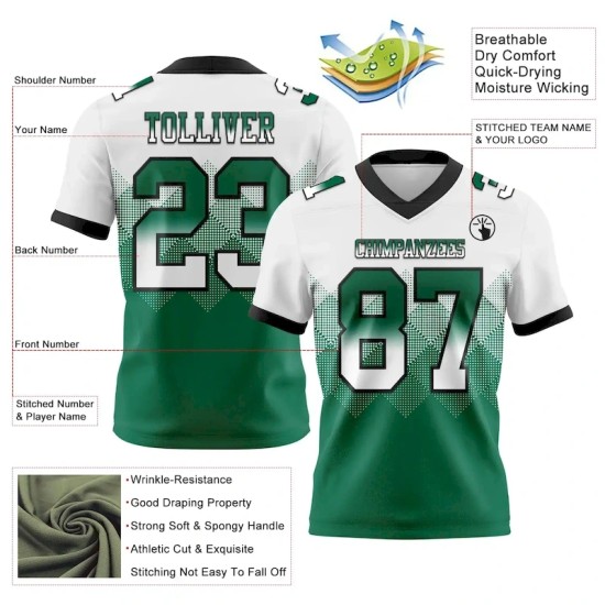 Maillot de Rugby personnalisé Blanc Vert Kelly-Noir en maille, dégradé carré pour flag Rugby Maillot de Rugby personnalisé Blanc Vert Kelly-Noir en maille, dégradé carré pour flag Rugby