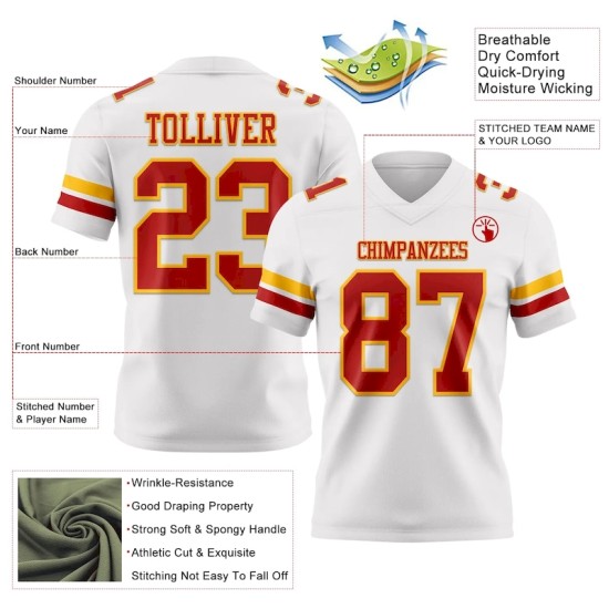 Maillot de Rugby personnalisé Blanc Rouge-Or en maille, style Maillot de Rugby personnalisé Blanc Rouge-Or en maille, style