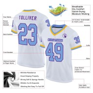 Maillot de Rugby personnalisé Blanc Bleu clair Violet-Or en maille, style rétro Maillot de Rugby personnalisé Blanc Bleu clair Violet-Or en maille, style rétro