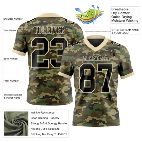 Maillot de Rugby personnalisé Camouflage Noir-Crème 3D en maille, hommage au service