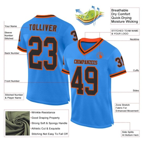 Maillot de Rugby personnalisé Bleu poudré Noir-Orange en maille, style rétro