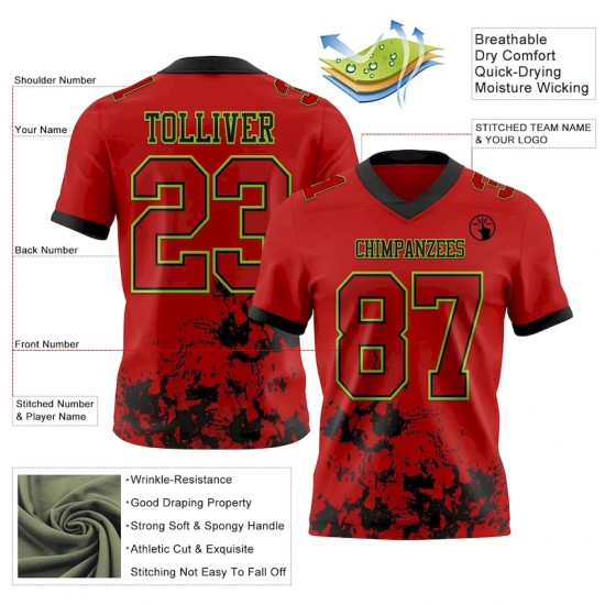 Maillot de Rugby personnalisé Rouge Noir-Vert néon en maille, effet Maillot de Rugby personnalisé Rouge Noir-Vert néon en maille, effet