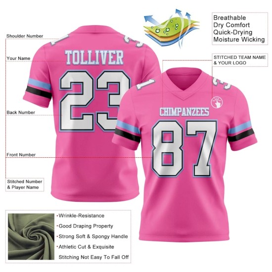 Maillot de Rugby personnalisé Rose Blanc Noir-Bleu clair en maille, style